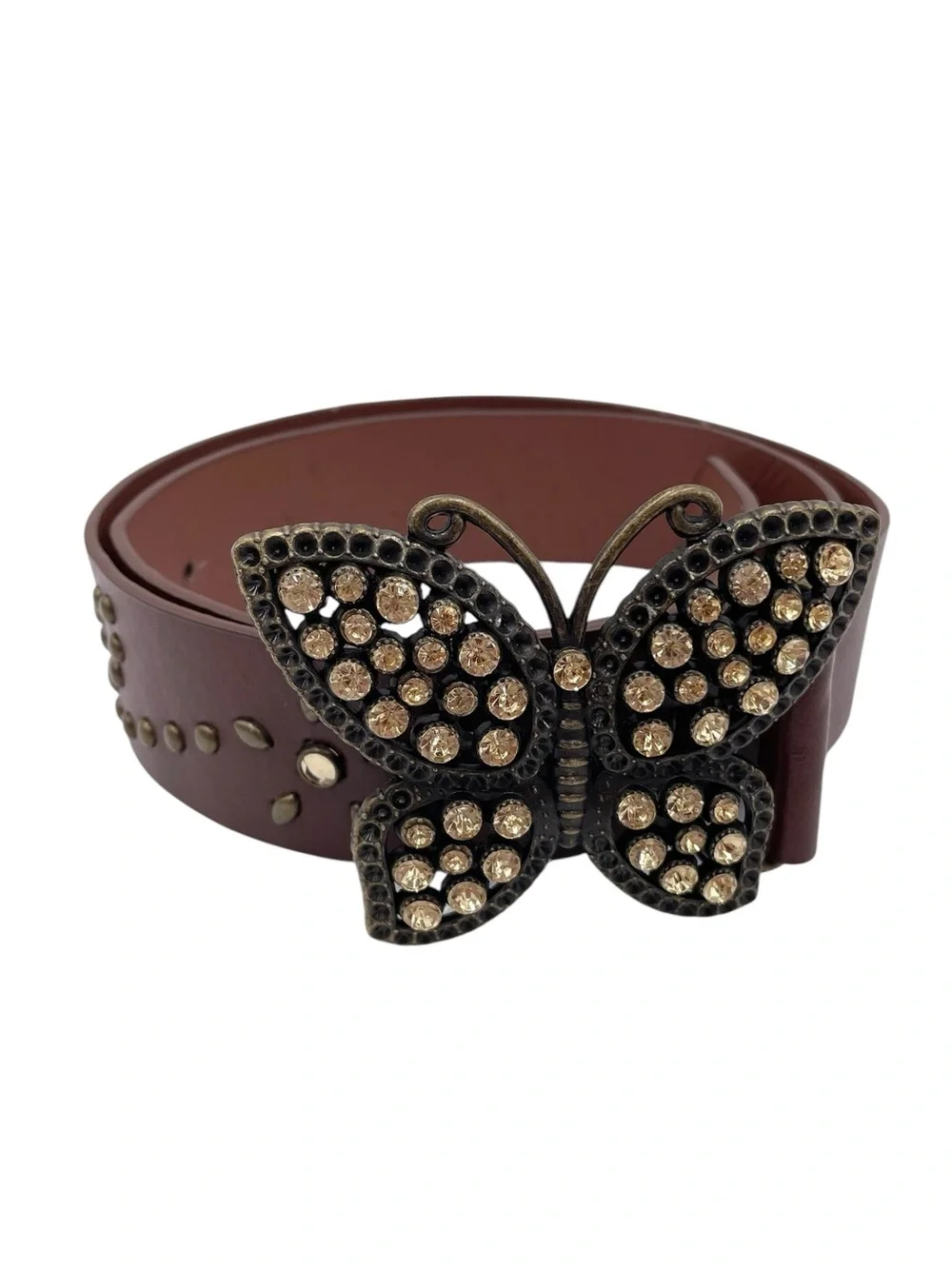 Vintage 90s Y2K Rhinestone Butterfly Buckle Belt Fairycore Boho Studded Jewels